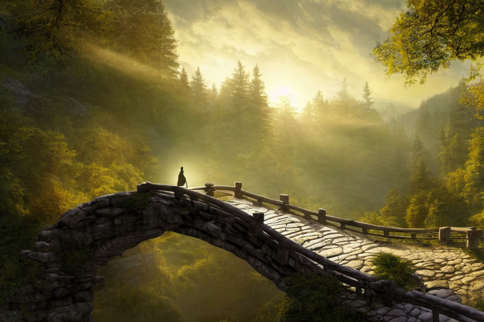 Person standing on arched stone bridge in lush forest with sunlight rays piercing mist