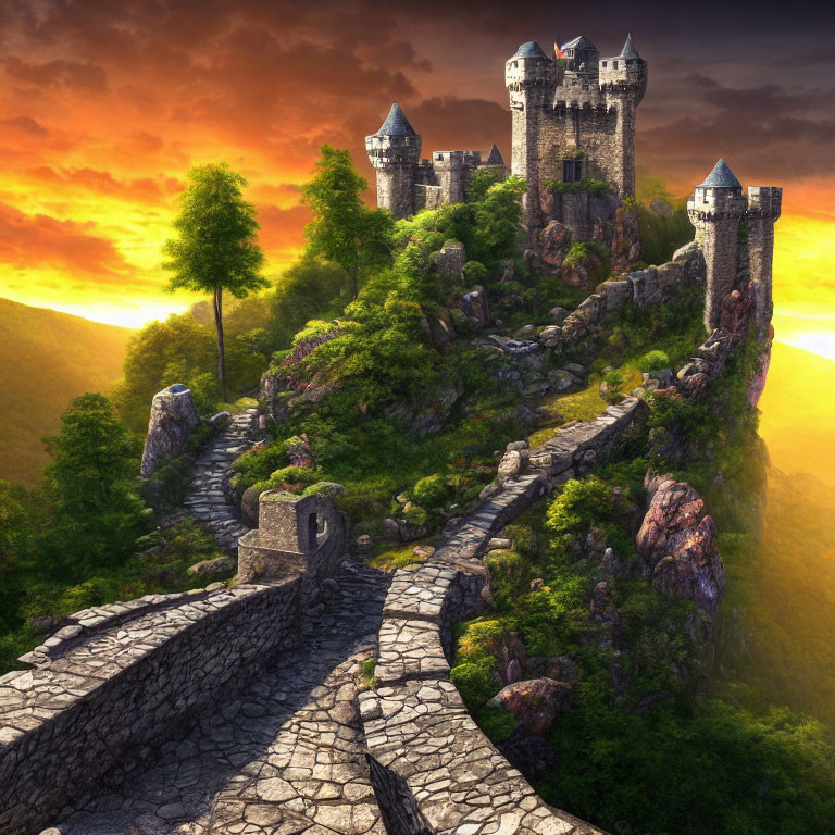 Stone castle on lush hills under dramatic sunset sky