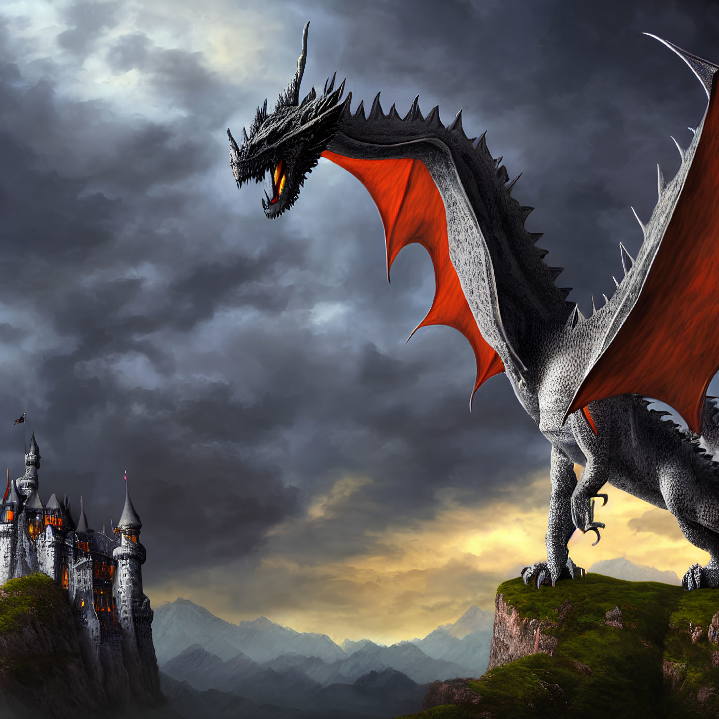 Gray dragon with red wings overlooking castle on cliff in dramatic landscape