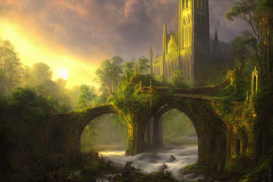 Mystical sunrise scene with ancient stone bridge, Gothic cathedral, and lush forest.