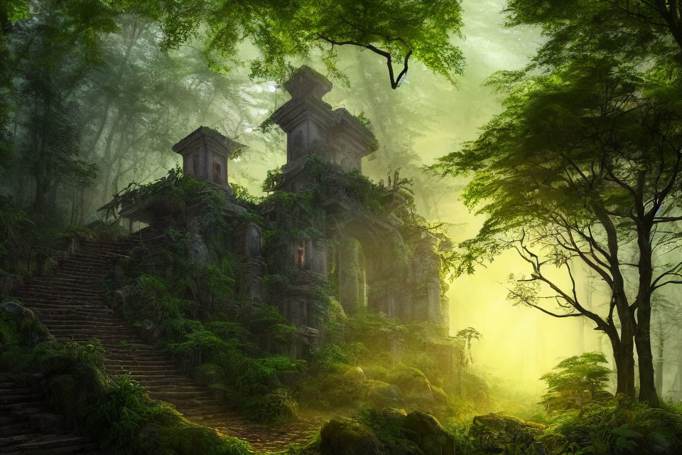 Mystical forest with ancient stone temples and ethereal light