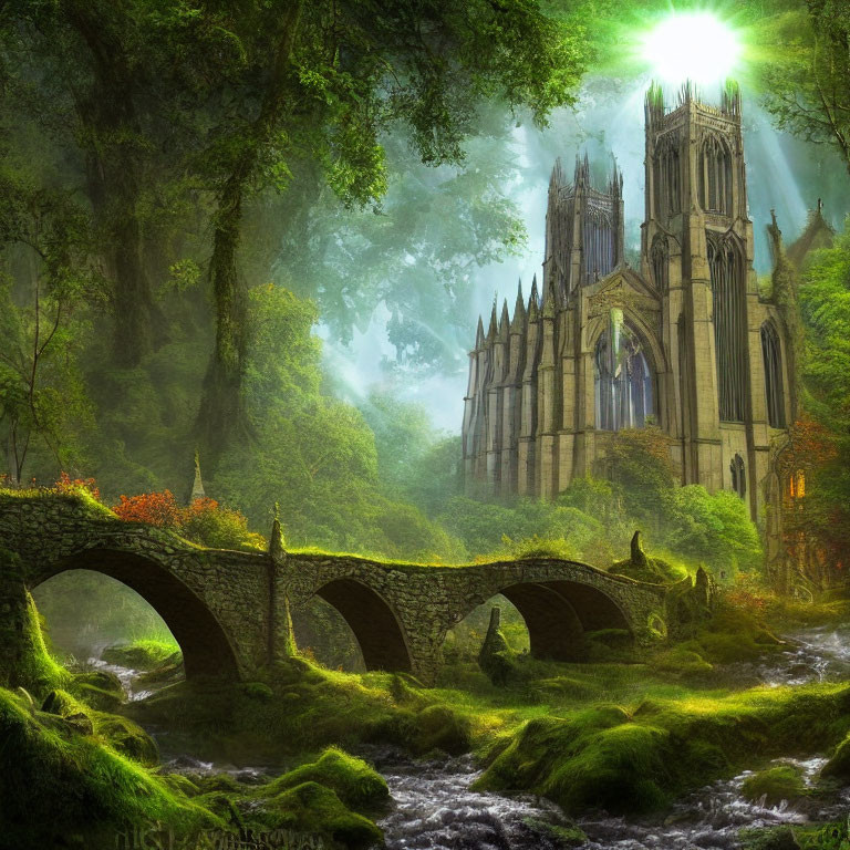 Ancient stone bridge and Gothic cathedral in misty forest landscape