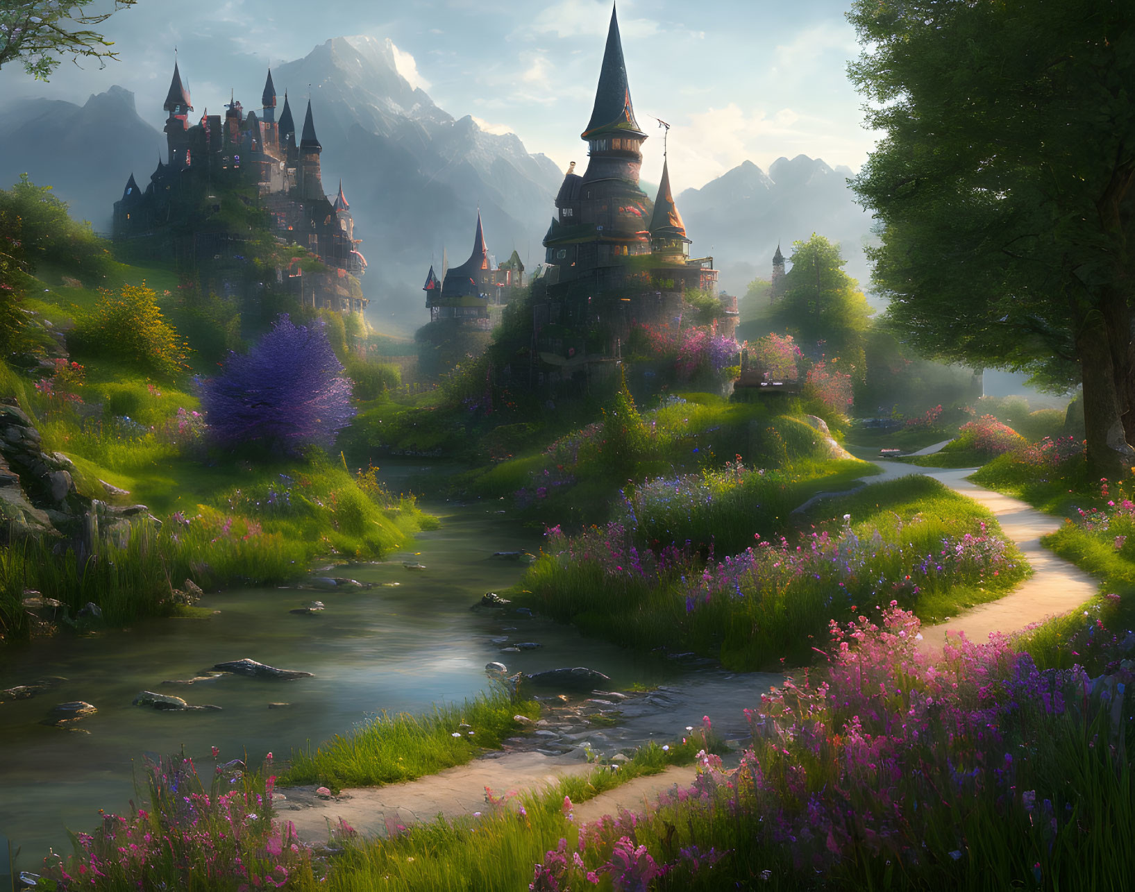 Tranquil fantasy landscape with river, path, flowers & castle