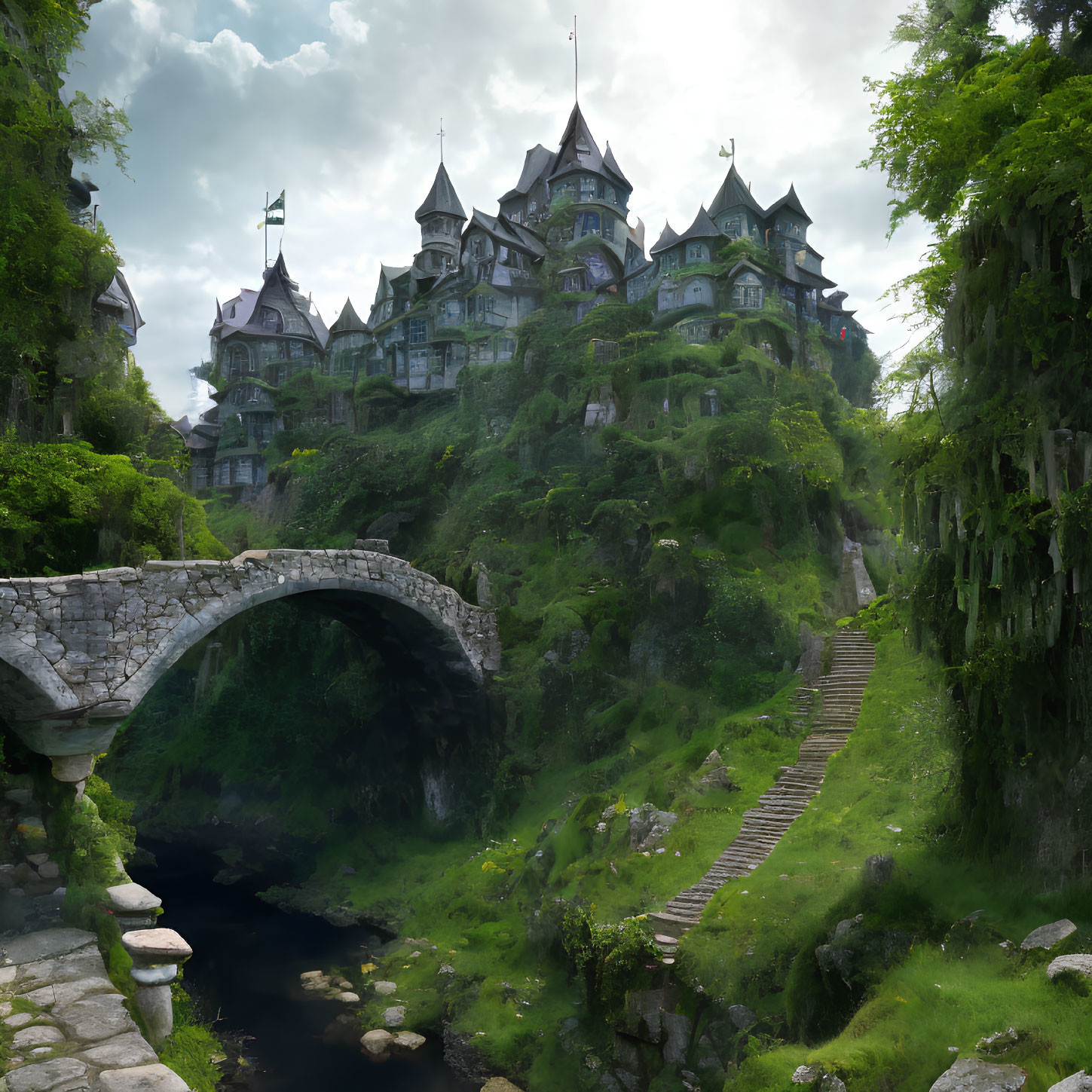 Majestic multi-tiered fantasy castle on lush hillside with stone bridge and stairway