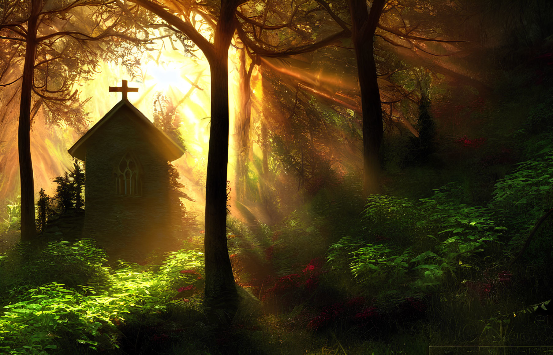 Sunlit forest chapel with cross in lush greenery