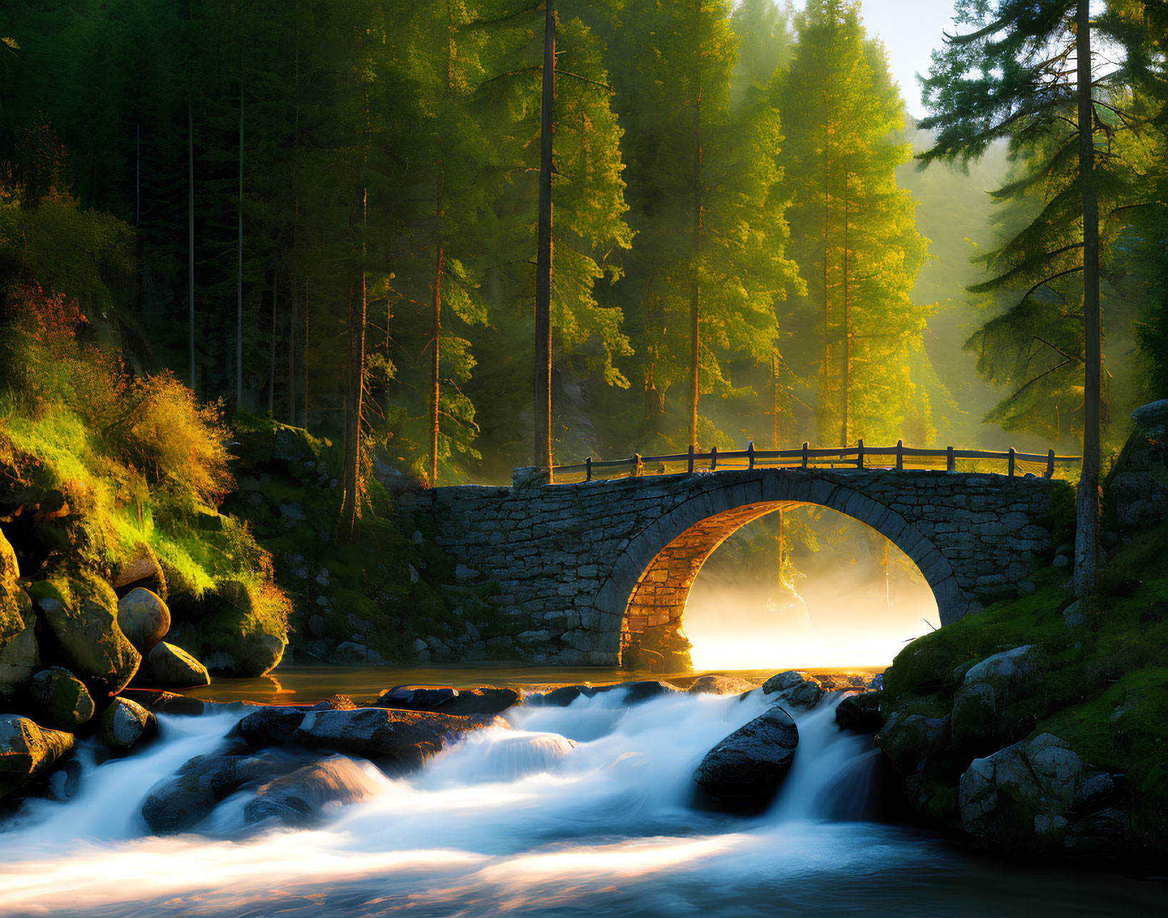 Forest stone arch bridge over cascade in sunlight