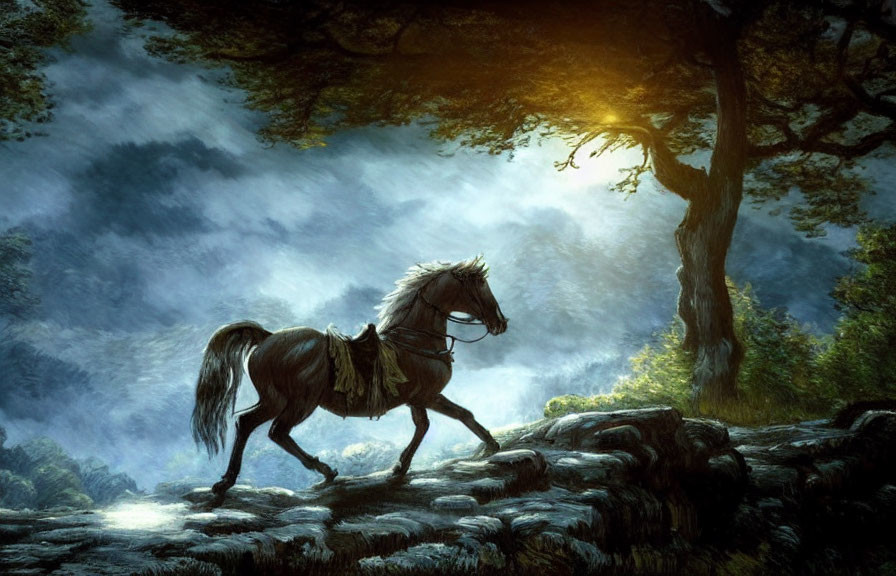 Black horse galloping in sunlit forest clearing