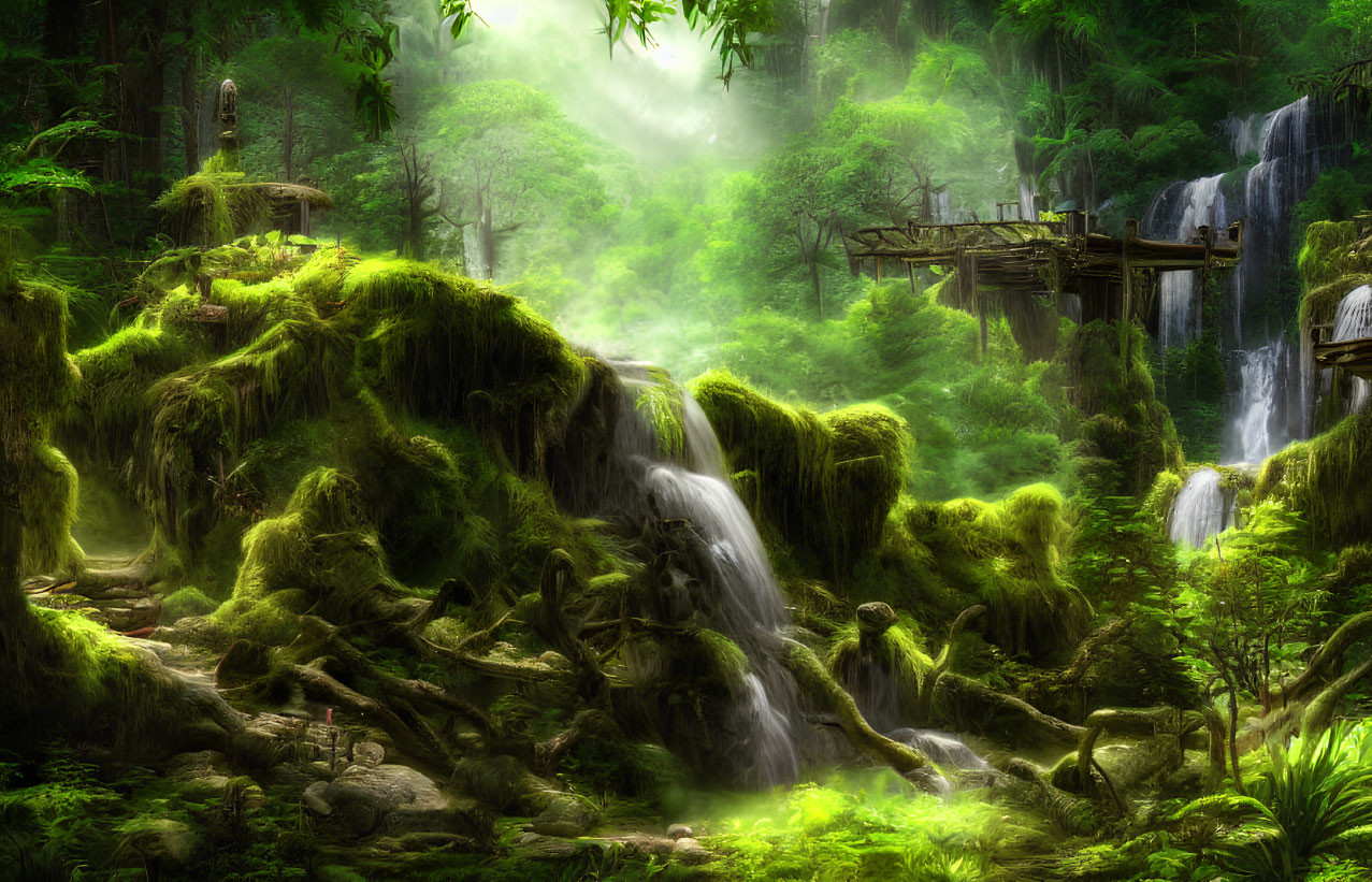 Serene forest scene with waterfalls, mossy rocks, wooden bridge, and sunlight beams.