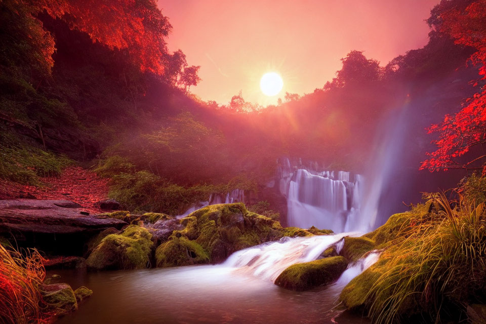 Tranquil waterfall in autumn foliage at sunset