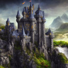 Majestic fantasy castle on rocky hill with towers and flags in misty mountain landscape