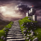 Stone Pathway Leading to Castle on Hill Under Stormy Sky