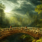 Stone bridge over stream in misty forest with golden sunlight