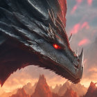 Red-eyed dragon flying over fiery mountain landscape in dramatic sky