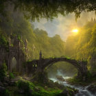 Stone bridge with Gothic arches in sunlit forest crossing stream