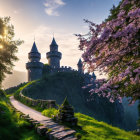 Castle with Twin Spires on Lush Hill in Sunlight with Cherry Tree