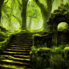 Enchanted Forest with Sunlight, Moss-Covered Stairs & Archway