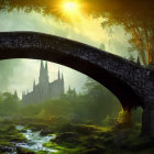 Stone bridge over tranquil stream in misty landscape with distant cathedral