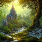 Crystal castle in lush forest with golden sunlight and sparkling stream