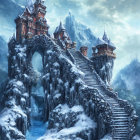 Fantasy castle on snow-covered mountain peak under cloudy sky