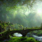 Ethereal forest scene with stone bridge, stream, and gothic castle