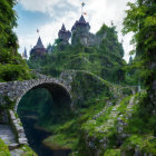 Majestic multi-tiered fantasy castle on lush hillside with stone bridge and stairway