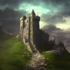 Stone castle on rocky hill with towers and flags under dramatic cloudy sky