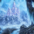 Mystical castle on rugged mountains in icy landscape