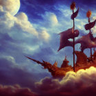 Fantasy ship with star-shaped ornaments sails under twilight skies