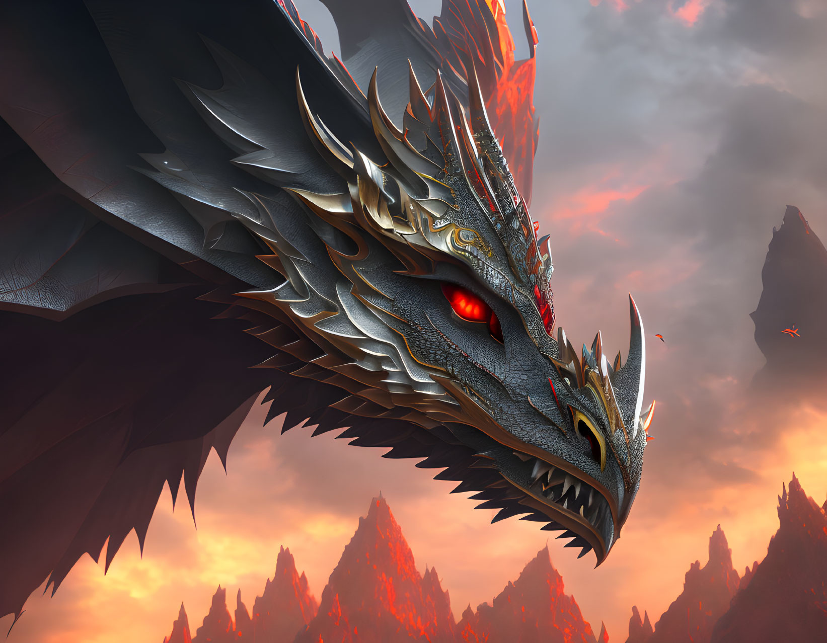 Red-eyed dragon flying over fiery mountain landscape in dramatic sky