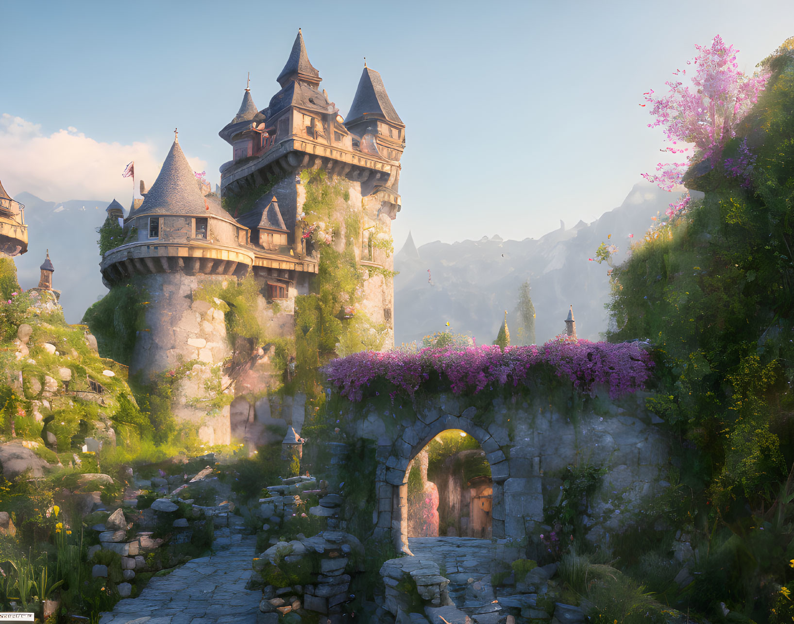 Castle surrounded by greenery, flowers, stone archway, mountain backdrop