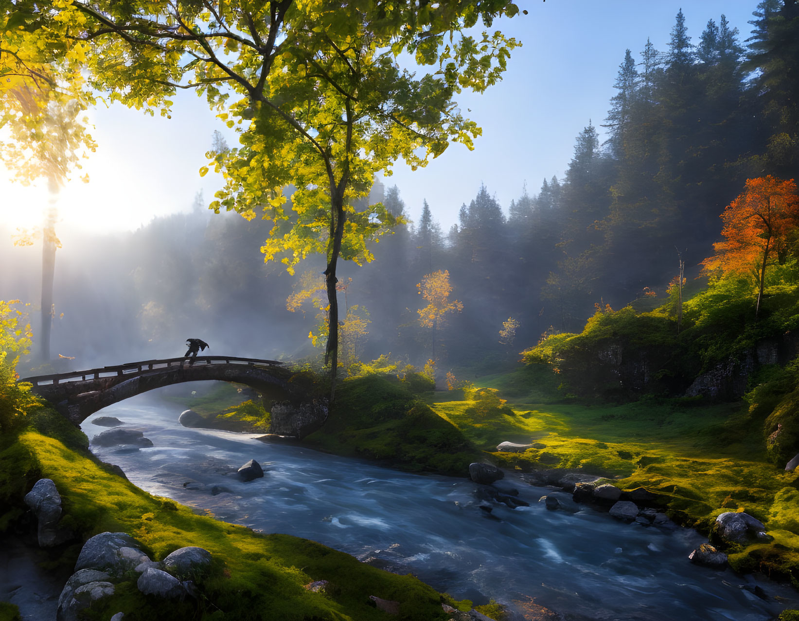 Person on Arched Stone Bridge Over Vibrant Stream Amid Misty Woods