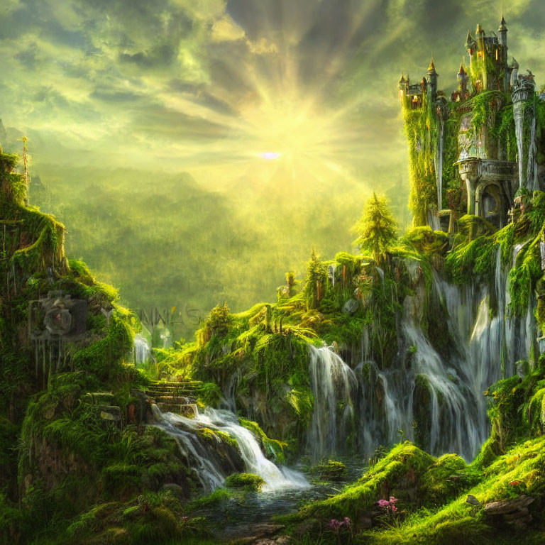 Majestic castle on green cliffs with waterfalls under sunny sky