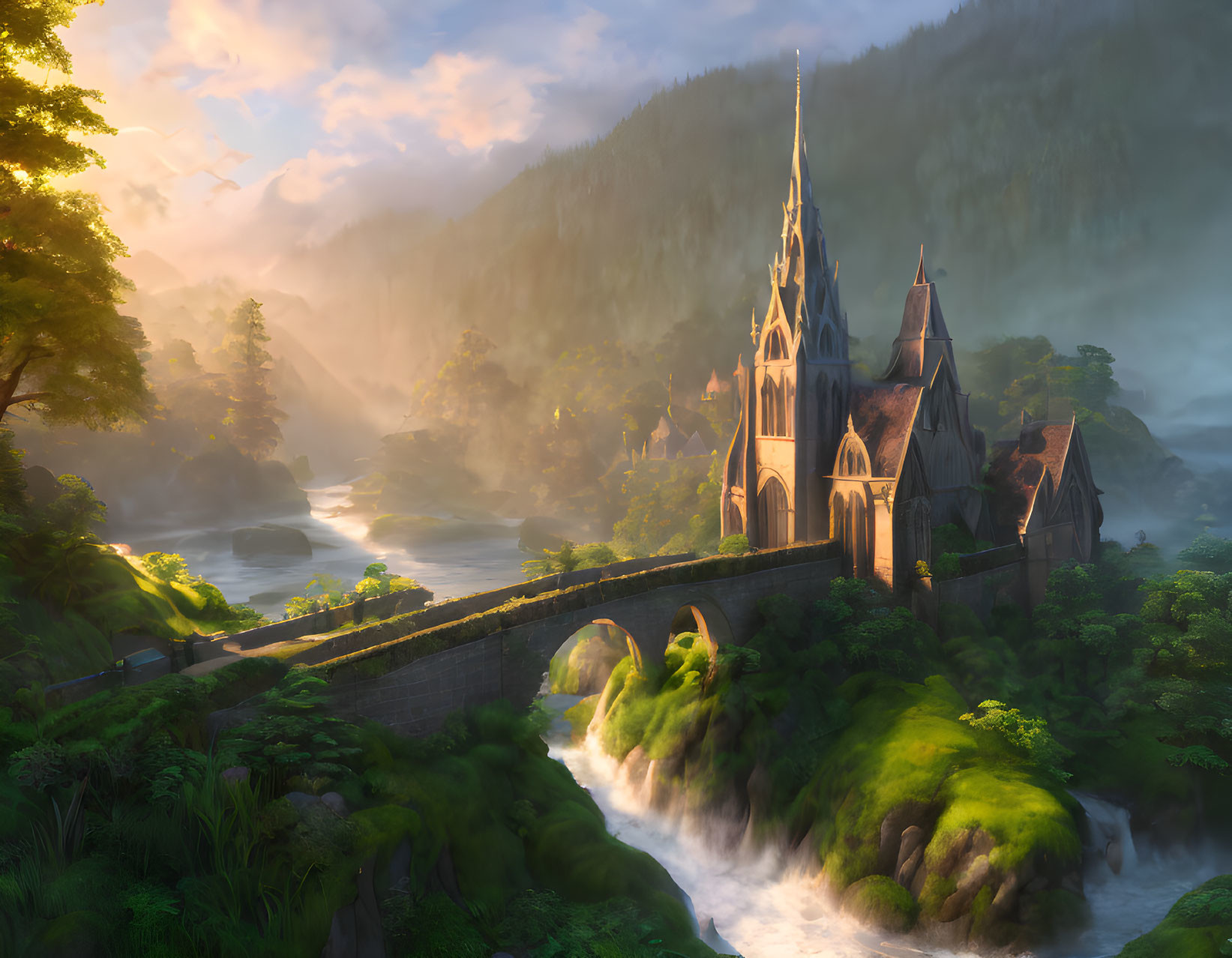 Gothic church by river with sunbeams in lush forest landscape