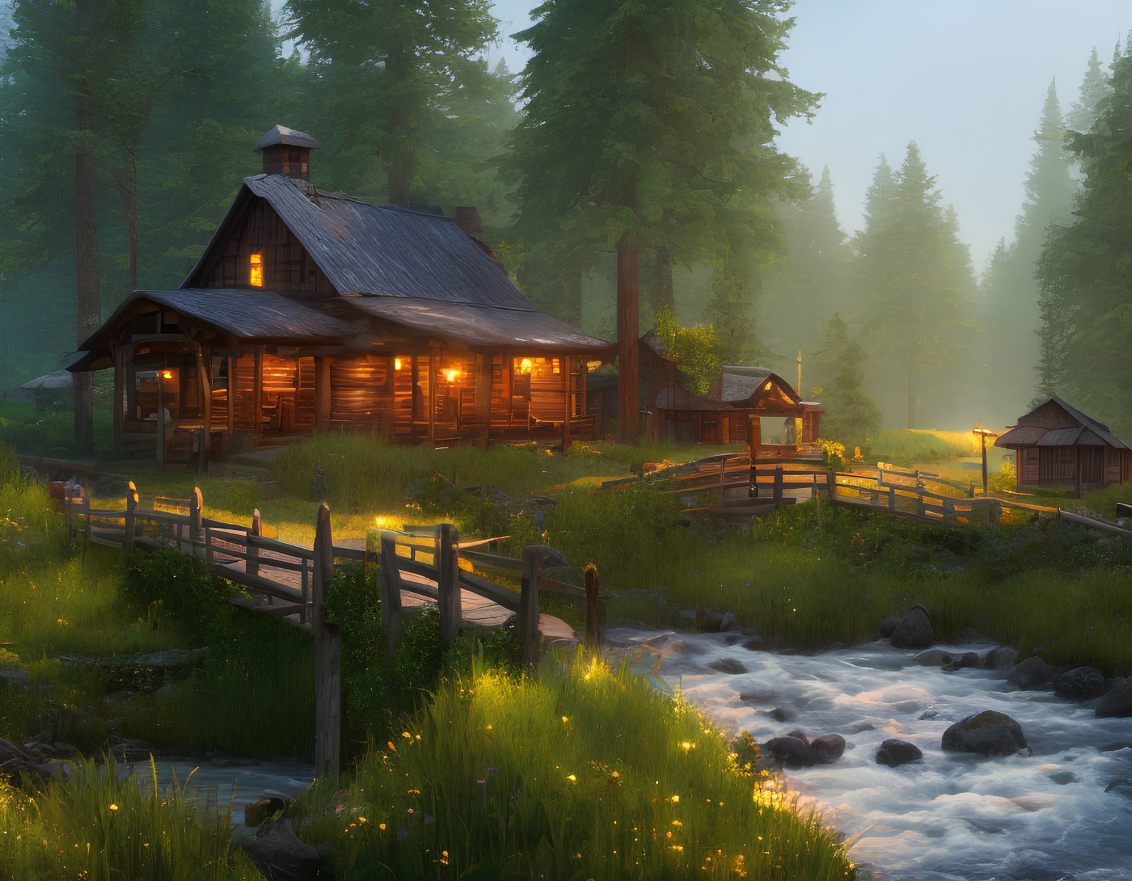 Cozy cabin in forest with river and illuminated windows