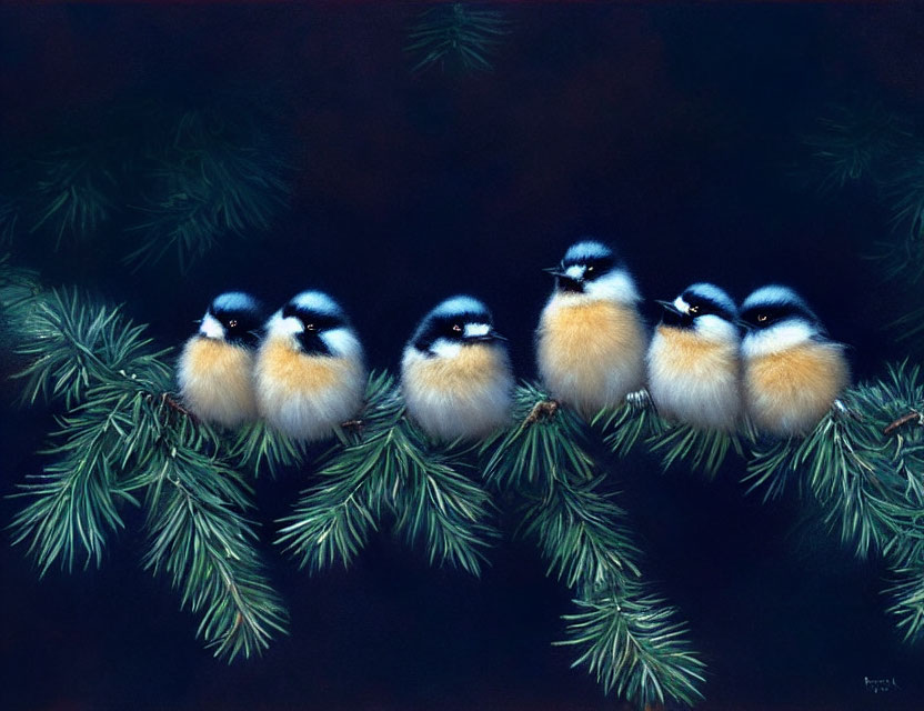 Six fluffy birds with black eye stripes perched on conifer branch.