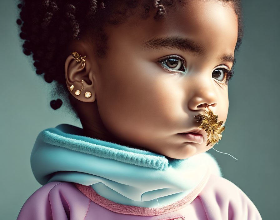 Close-up portrait of young girl with curly hair, golden earrings, and leaf on face