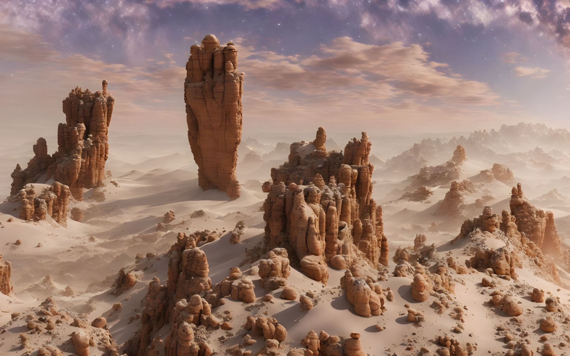 Desert Landscape with Rock Formations and Starry Sky