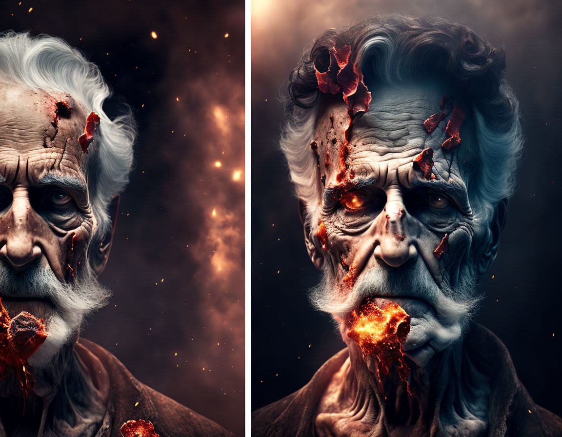 Split-image comparison of man's aging vs. burnt face with embers.