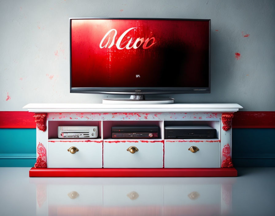 Television displaying "Alive" on white table with red accents against blue wall.