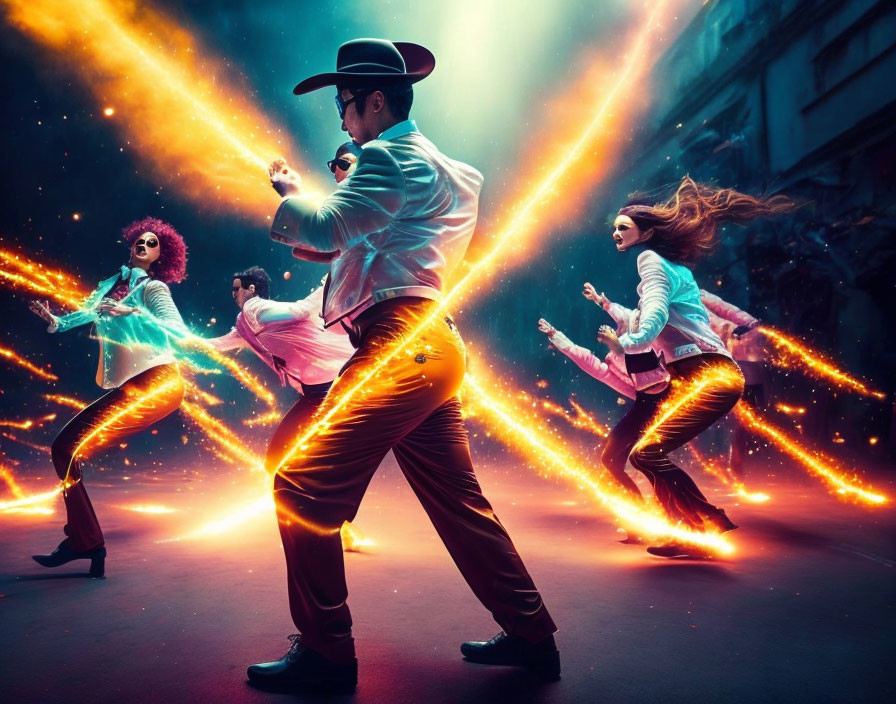 Four people in retro outfits dancing with colorful light streaks on street