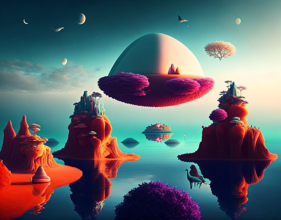 Vibrant floating islands in surreal twilight landscape