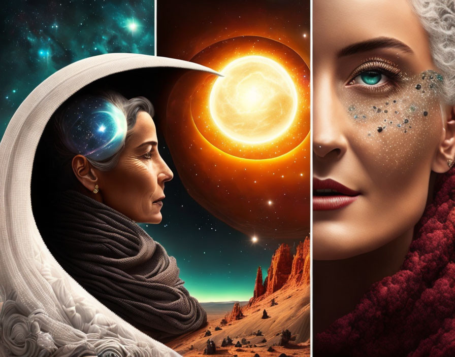 Dual artistic portraits of women: one space-themed, the other with sparkling details