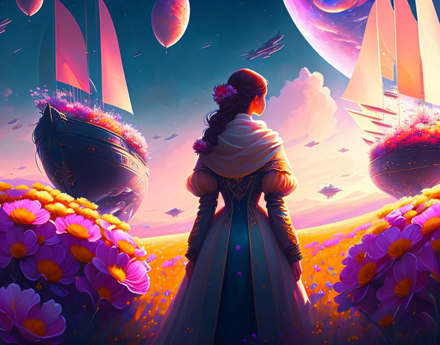 Medieval woman gazes at airships and planets in vibrant fantasy landscape