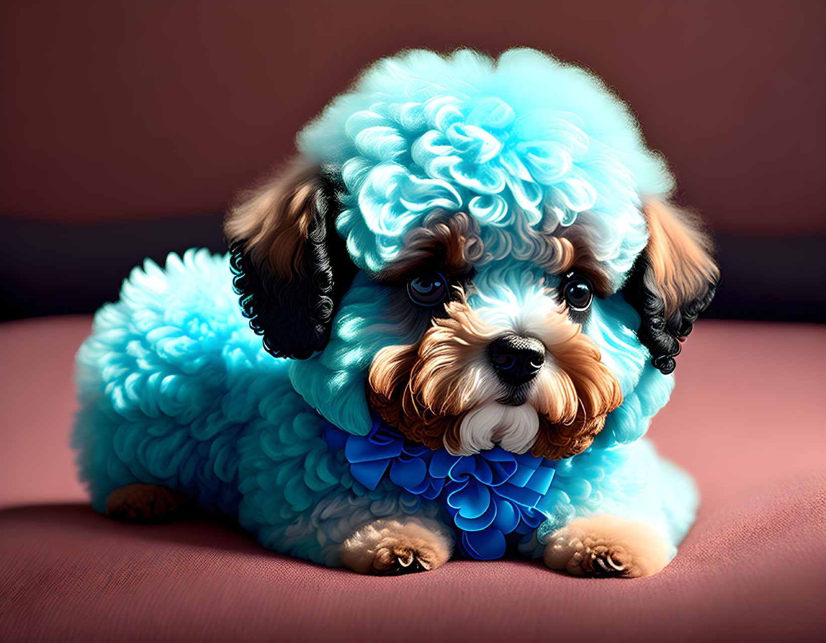 Fluffy dog with blue curly fur and bow on sofa with soulful eyes