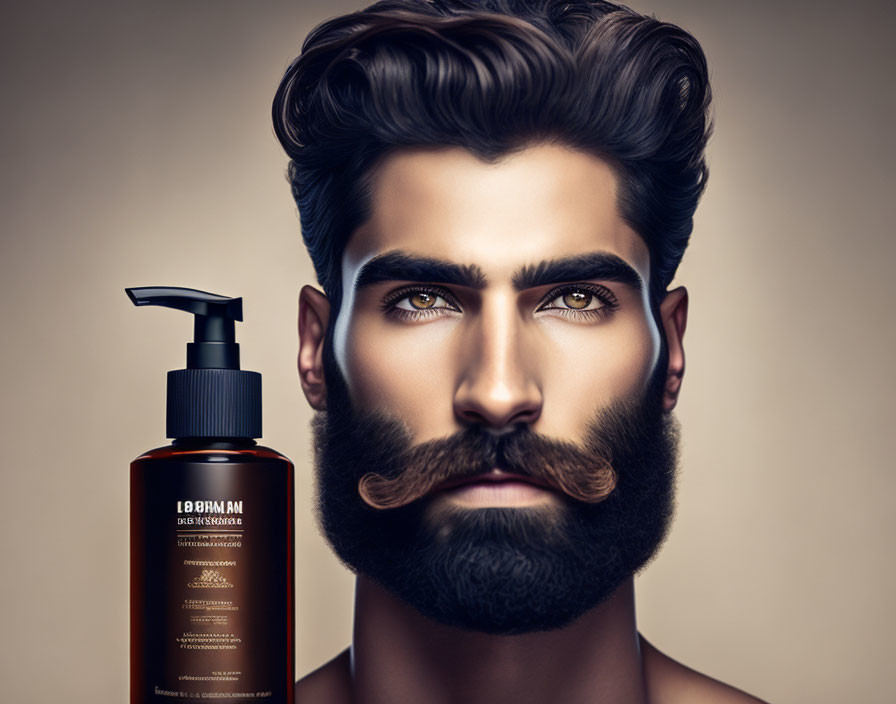 Man with Styled Beard and Intense Gaze Next to Grooming Product