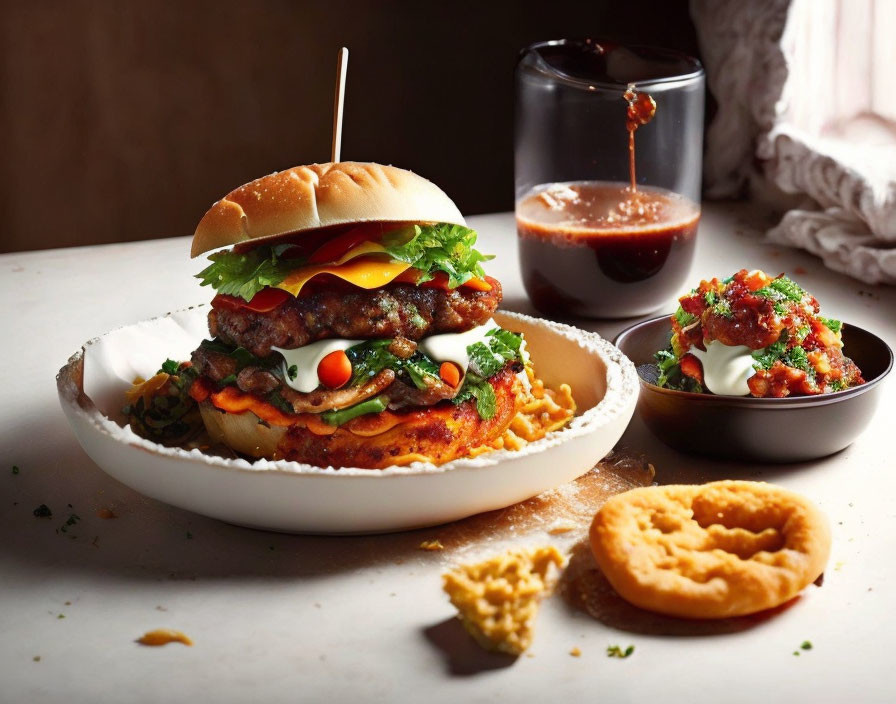 Double Cheeseburger with Lettuce, Tomato, Onions, Meatballs, and Drink on Wood