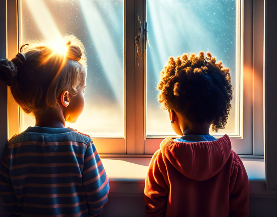 Children admiring starry night sky through window at night.