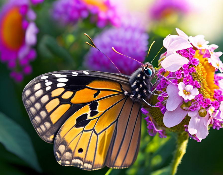 Colorful Butterfly Resting on Pink and Purple Flowers with Blurred Floral Background