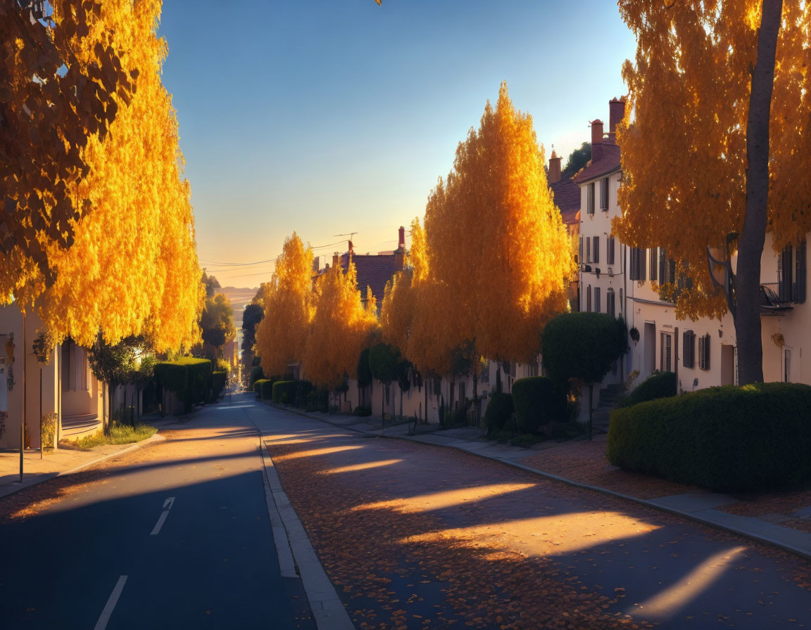 Tranquil autumn scene: tree-lined street with golden foliage at sunrise