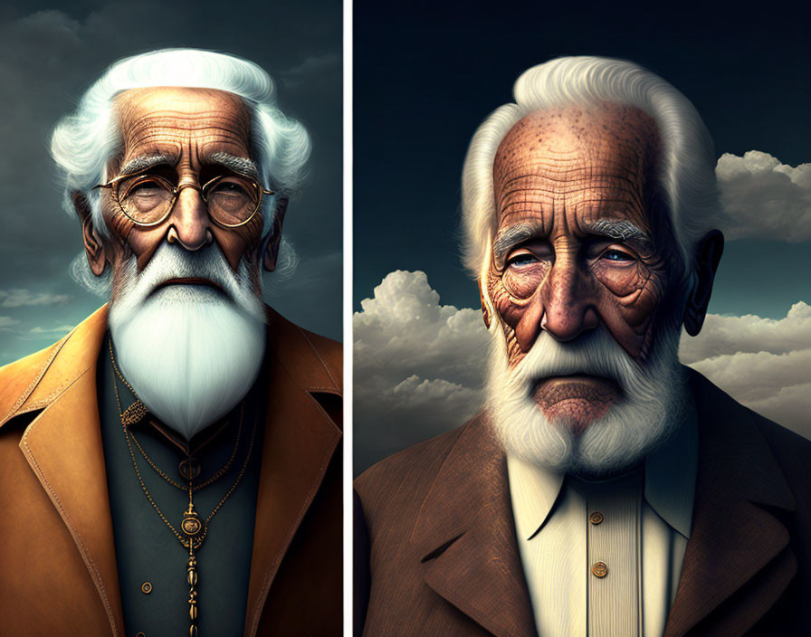 Elderly man's split portrait with white beard and stern expression in warm and cool lighting